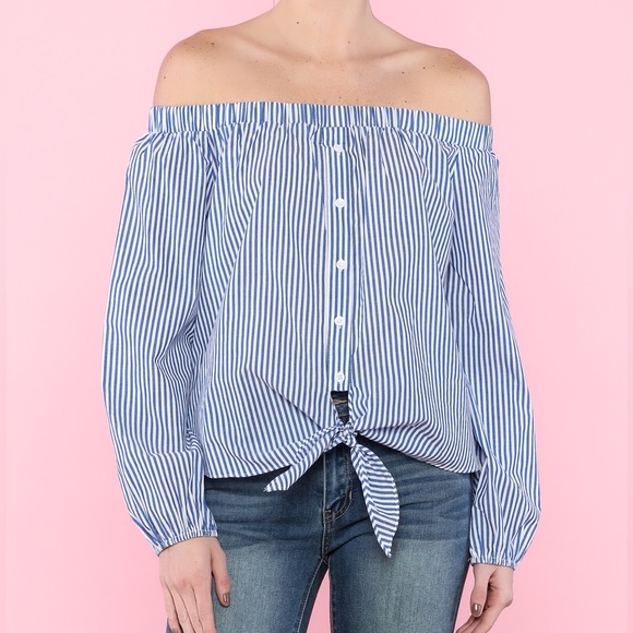 DO+BE | Blue Striped Off-Shoulder Top | size M - Picture 8 of 10